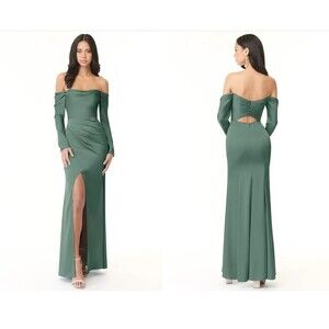 Azazie Hallie Off The Shoulder Long Sleeve Satin Maxi Dress Size A6 Green NEW